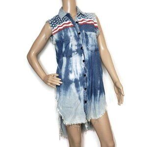 Sleeveless Denim Vest Dress With American Flag design & Frayed Hem size Medium
